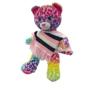 Build A Bear BABW Workshop Multicolor Rainbow Leopard 17" Plush BAB With Poncho